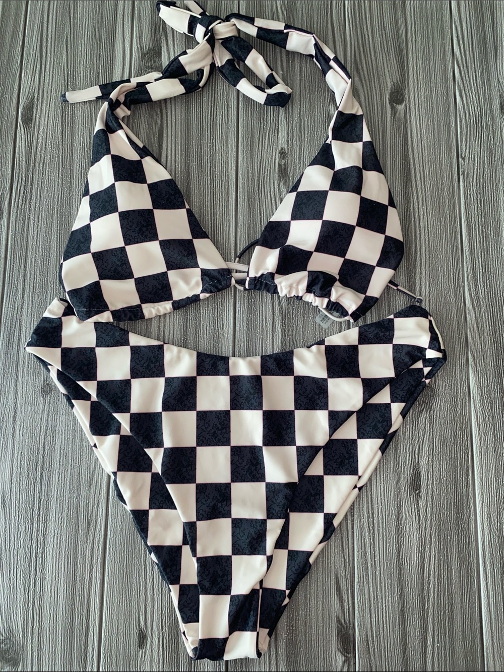 Zaful Checkerboard Black & White With Pink Lining Swim Bikini NWOT